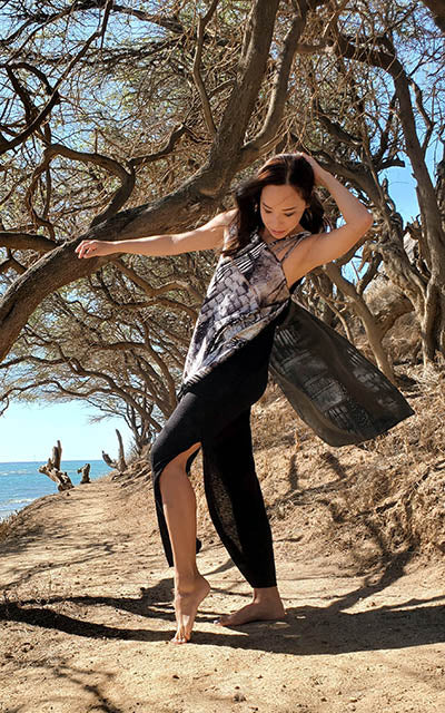 Moab Dress with Contrast on Model | Tombstone Desert Velvet with Scorpion Crepe | Handmade in Seattle WA USA | Leigh Young Collection