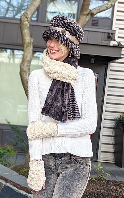 Women wearing a Bucket hat, Fingerless Texting Gloves with matching Color Block Scarf | Rosebud in Brown, 8mm in Sepia and Espresso Bean Faux Fur | Handmade in Seattle WA Pandemonium Millinery