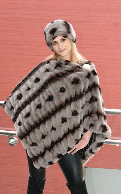 Close view of model wearing Royal Opulence Poncho in Taupeful