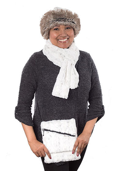 Prague Handbag | white  Winters Frost Faux Fur with light gray spots | handmade in USA by Pandemonium Seattle