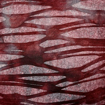 Close of fabric swatch | Cosmic Nebula burgundy and gray shredded fabric| | Handmade by Pandemonium Millinery Seattle, WA USA