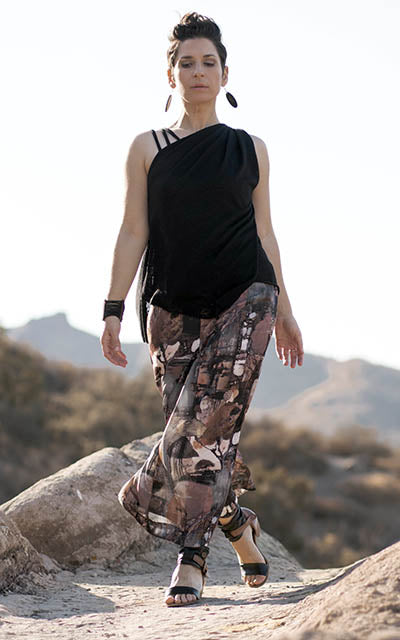 Model is wearing SW gaucho pants in Petrified Forest and Moab Top by Leigh Young Collection handmade in Seattle WA USA