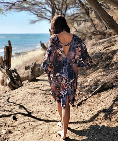 Santé Fe Kaftan on Model Back View | Petrified Forest Desert Georgette with Velvet Trim | Handmade in Seattle WA USA | Leigh Young Collection