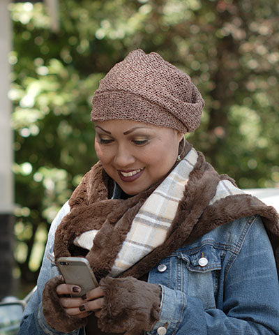 Women's Rowdie Hat in Glitzy Glam in Toffee using Phone | Handmade in Seattle WA | Pandemonium Millinery