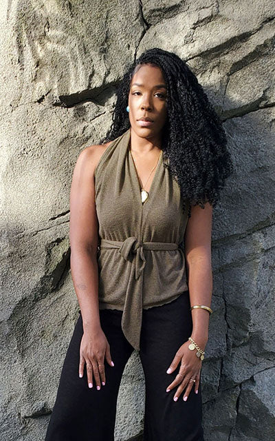 Model in Sedona Top Mezcal Desert Crepe. Leigh Young Collection