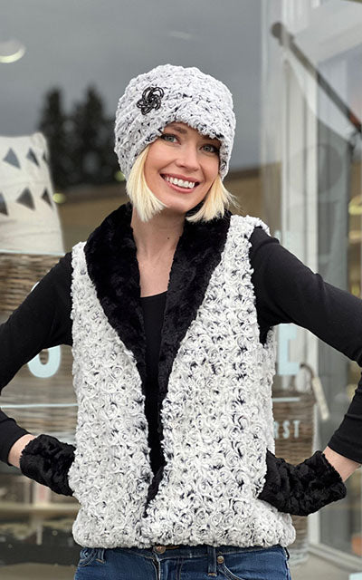 Lola Cloche Hat in Rosebud Black Faux Fur with matching Vest Handmade USA by Pandemonium Seattle