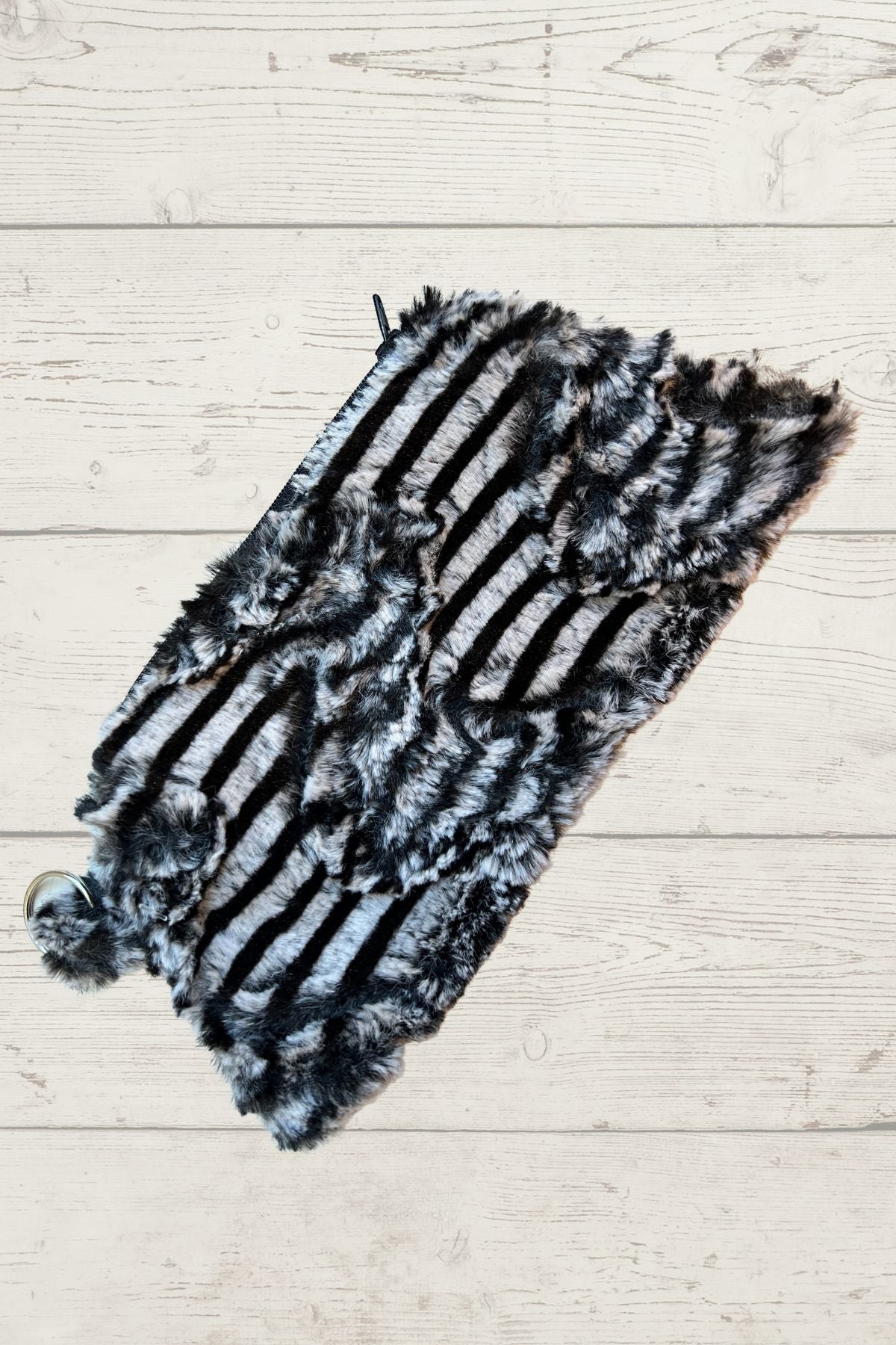 Flat Shot of Cosmetic Bag in Tipsy Zebra Faux Fur handmade in Seattle WA USA by Pandemonium Millinery