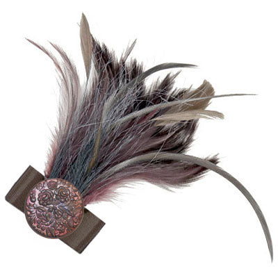 Feather Brooch with Painted Button Detail | Plum and Gray Feathers | handmade in Seattle WA by Pandemonium Millinery USA