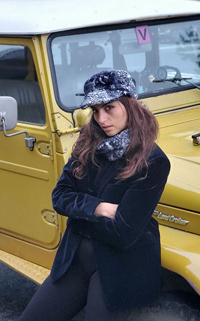 Model wearing Valerie cap and matching Women’s Infinity Loop Scarf | Black Mamba Snake Print in Black and Ivory | Handmade in Seattle WA | Pandemonium Millinery