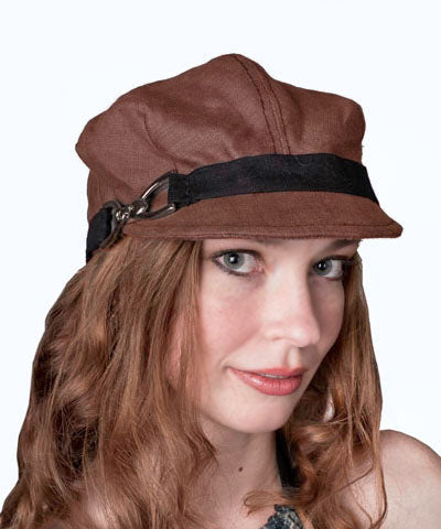 Women's Valerie Cap in Chocolate Linen with Buckle | Handmade in Seattle WA | Pandemonium Millinery