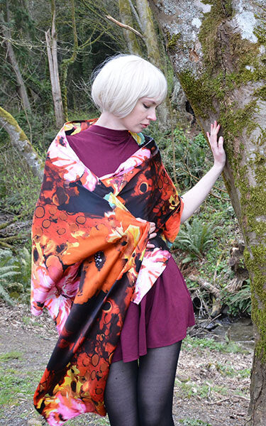 Women's Wrap in Carnival Fiesta Silk with Dress | Handmade in Seattle WA | Pandemonium Millinery