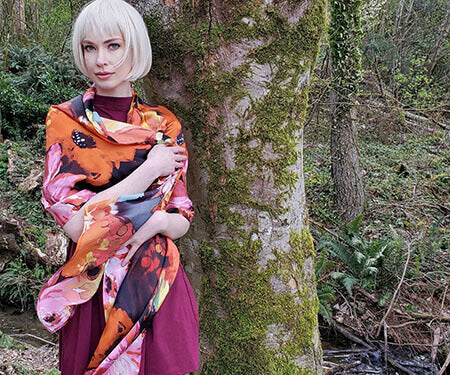 Women's Wrap in Carnival Fiesta Silk Model Shot | Handmade in Seattle WA | Pandemonium Millinery