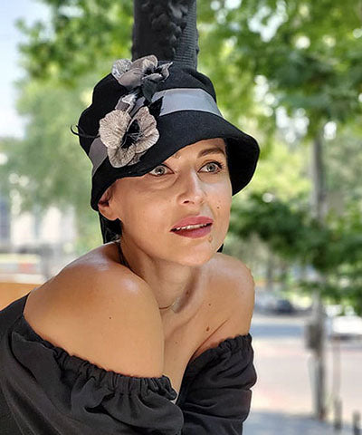 Abigail Hat in Black Linen with Silver & Black Velvet Floral Stem Brooch | Handmade in Seattle WA | Pandemonium Millinery