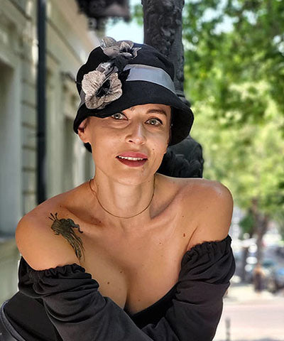 Abigail Asymmetrical Cloche Hat in Black Linen with Silver & Black Velvet Floral Stem Brooch  | Handmade in Seattle WA | Pandemonium Millinery