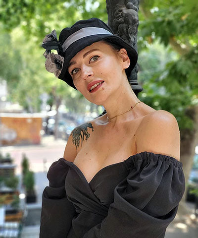 Abigail Asymmetrical Hat in Black Linen with Silver & Black Velvet Floral Stem Brooch  | Handmade in Seattle WA | Pandemonium Millinery