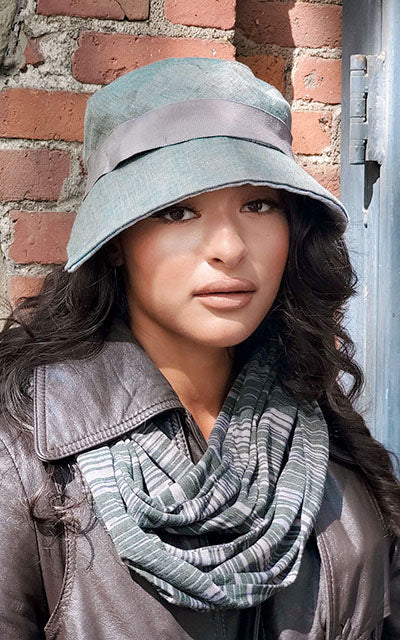 Woman modeling Rowdie Hat and Infinity Scarf in Reflections Sunset