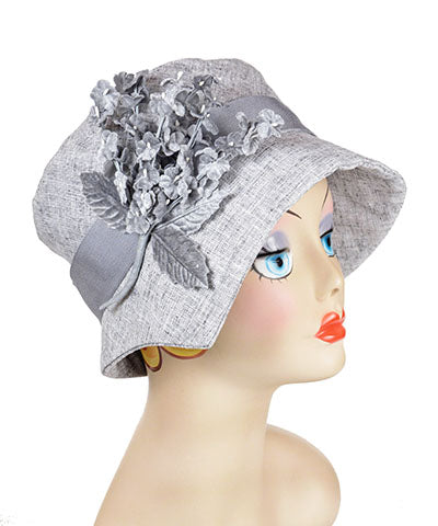 Abigail Hat in Metallic Silver Linen with Silver Velvet Floral Brooch | Handmade in Seattle WA | Pandemonium Millinery