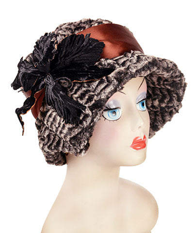 Abigail Hat in 8mm Sepia Luxury Faux Fur with Rust Sash and Black Flower | Handmade in Seattle WA | Pandemonium Millinery