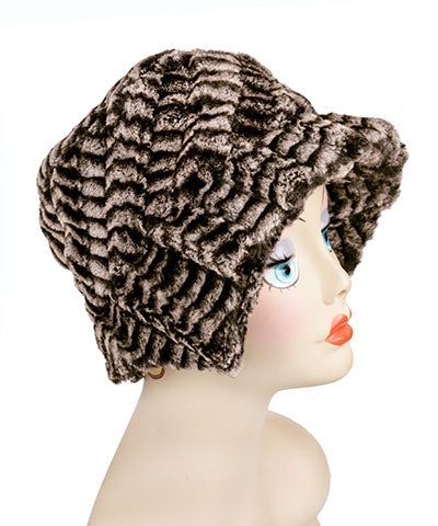 Abigail Hat in 8mm Sepia Luxury Faux Fur with Rust Sash and Black Flower | Handmade in Seattle WA | Pandemonium Millinery