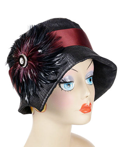 Abigail Hat in Outback Black Vegan Leather with Burgundy Satin Band, Feathers and Glass Button| Handmade in Seattle WA| Pandemonium Millinery 