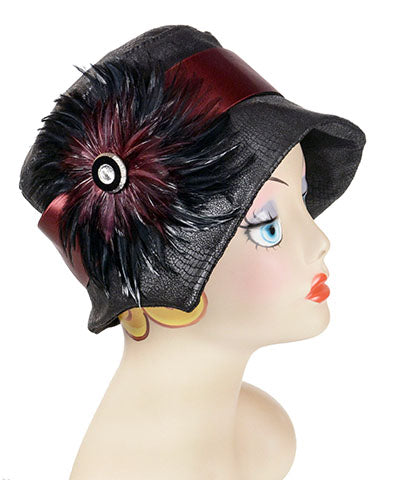Abigail Hat in Outback Black Vegan Leather with Burgundy Satin Band with Feather Brooch| Handmade in Seattle WA| Pandemonium Millinery 