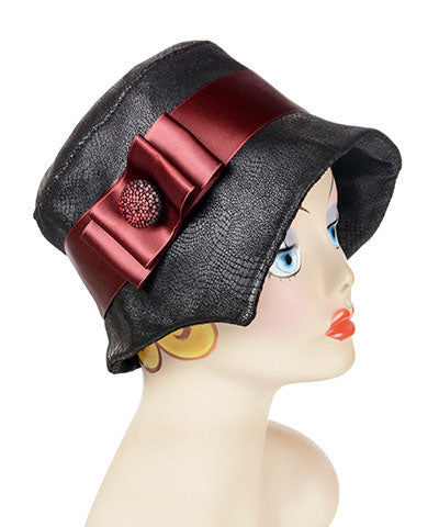 Abigail Hat in Outback Black Vegan Leather with Burgundy Satin Band with Feather Brooch| Handmade in Seattle WA| Pandemonium Millinery 