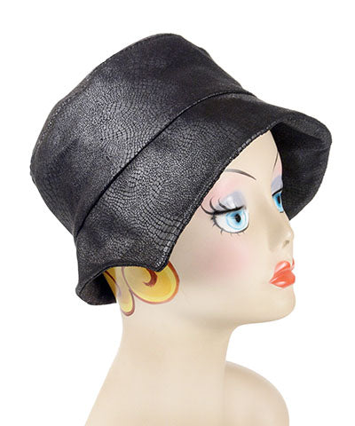 Abigail Hat in Outback Black Vegan Leather with matching Band| Handmade in Seattle WA| Pandemonium Millinery 