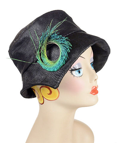 Abigail Hat in Outback Black Vegan Leather with matching Band and Peacock Feather| Handmade in Seattle WA| Pandemonium Millinery 