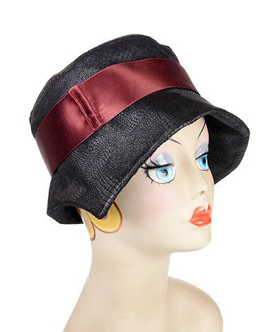 Abigail Hat in Outback Black Vegan Leather with Burgundy Satin Band| Handmade in Seattle WA| Pandemonium Millinery 