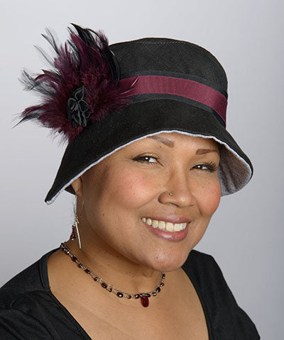 Abigail Hat in Black Linen with Black and Burgundy Grosgrain Band and black/burgundy feather trim. Handmade in Seattle WA| Pandemonium Millinery