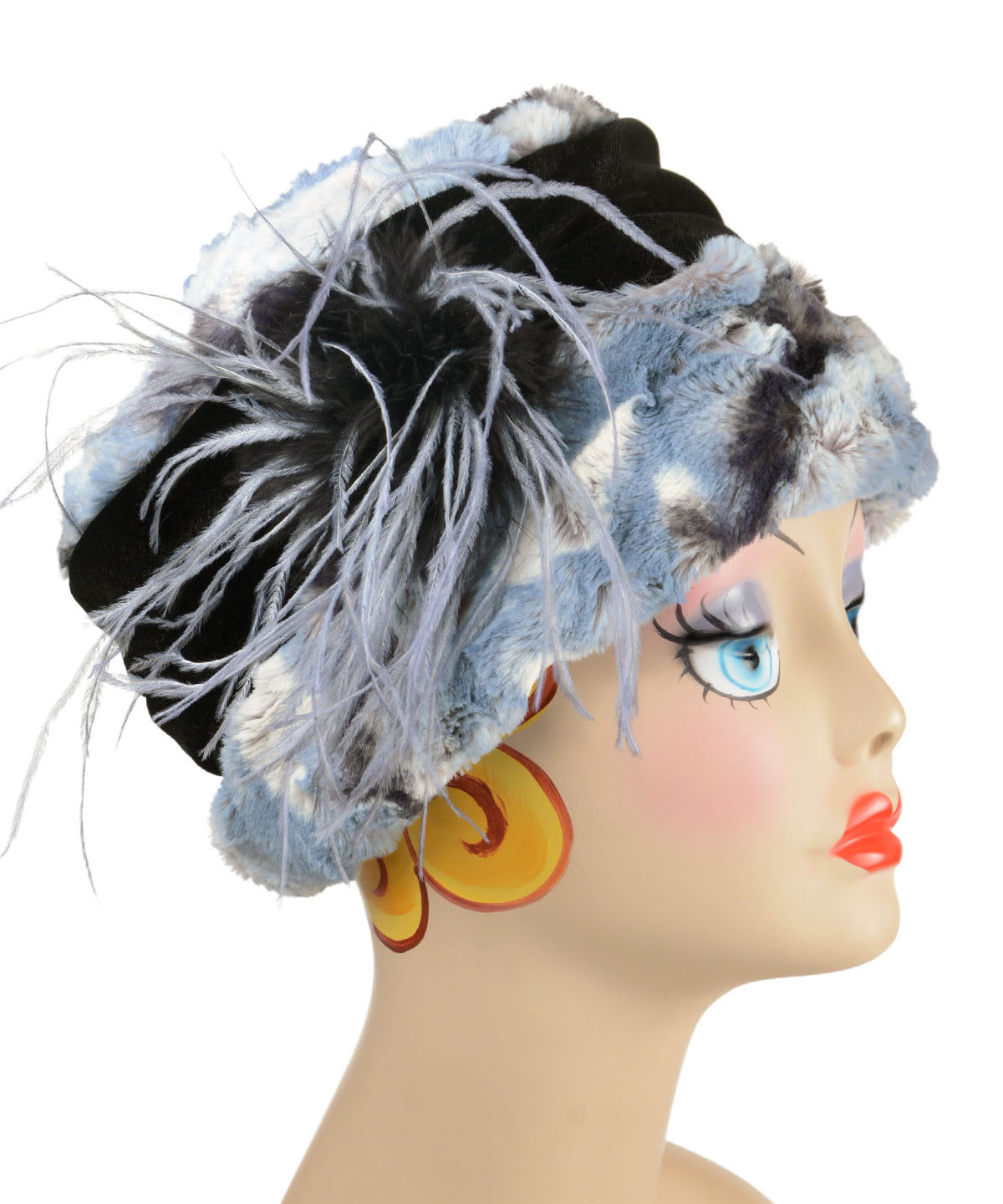 Ana Cloche Hat with Ostrich Feather Brooch | Rainier Sky Faux Fur with Black Velvet | Handmade in the USA by Pandemonium Seattle