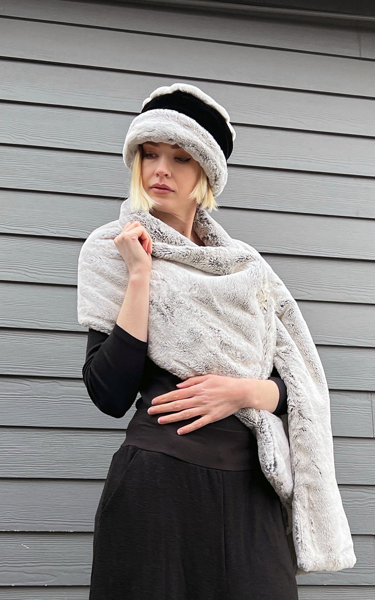 Stole | Frosted Juniper Faux Fur with Rhinestone Brooch | Handmade in the USA by Pandemonium Millinery
