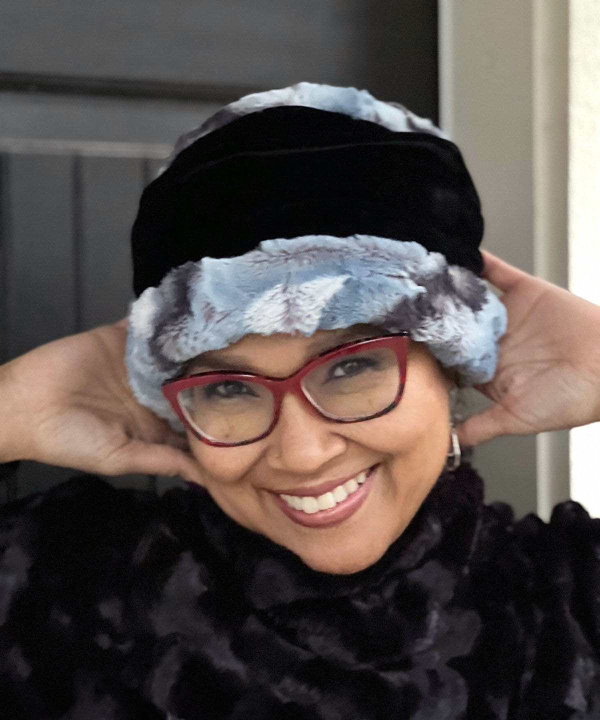 Ana Cloche Hat | Rainier Sky Faux Fur with Black Velvet | Handmade in the USA by Pandemonium Seattle