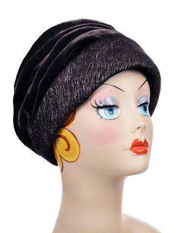 Ana Cloche Hat in Bongo Black-Beige Upholstery Fabric with Chocolate Velvet Band| Handmade in Seattle WA| Pandemonium Millinery
