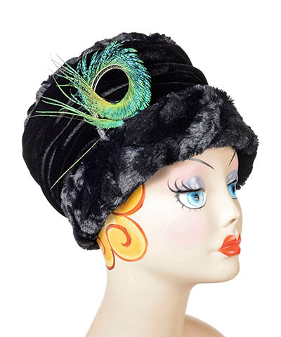 Women's Ana Cloche Style Hat | Cuddly Faux Fur Black with Silver and Black Floral Stem Brooch | handmade Seattle WA USA by Pandemonium Millinery