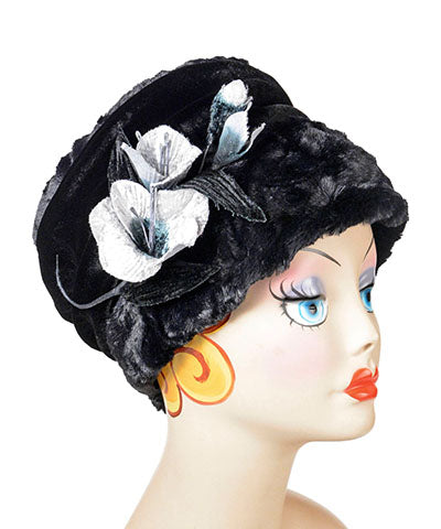 Women's Ana Cloche Style Hat | Cuddly Faux Fur Black with Silver and Black Floral Stem Brooch | handmade Seattle WA USA by Pandemonium Millinery