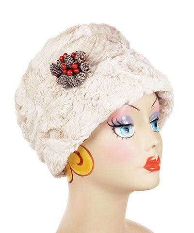 Side view of Ana Cloche Hat in Sand Cuddly Faux Fur with Pine Cone Berry Brooch| Handmade in Seattle WA | Pandemonium Millinery