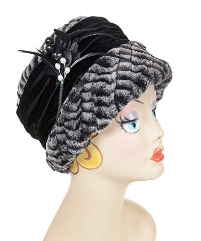 Ana Cloche Hat 8mm in Black White Luxury Faux Fur in Silver Berry Brooch | Handmade in Seattle WA | Pandemonium Millinery