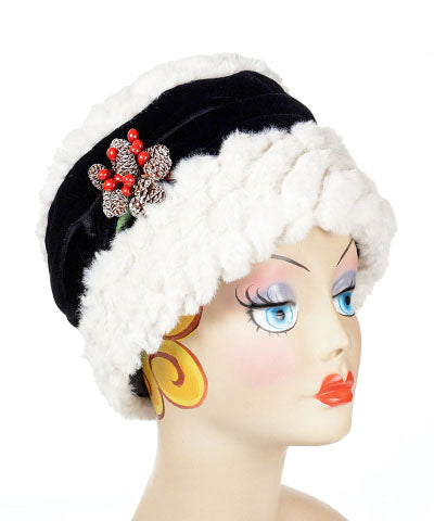 Frosted Pinecone Pin with Red Berries on Faux Fur Hat | Pandemonium Millinery