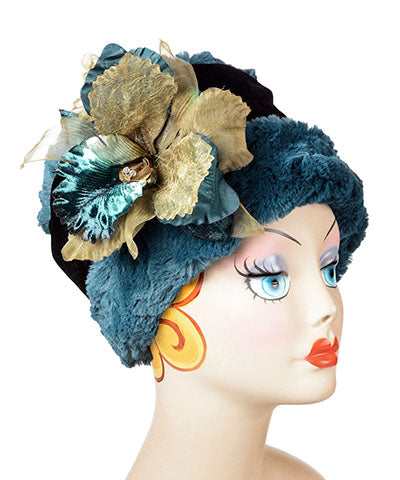 Women's Ana Cloche Style Hat | Luxury Faux Fur Peacock Pond with Rhinestone Brooch and Feathers | handmade Seattle WA USA by Pandemonium Millinery