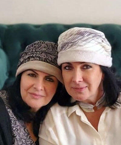 Women wearing Ana Cloche Hats in Natural Beige Linen with Venetian or Spring Pattern Band |Handmade in Seattle WA| Pandemonium Millinery