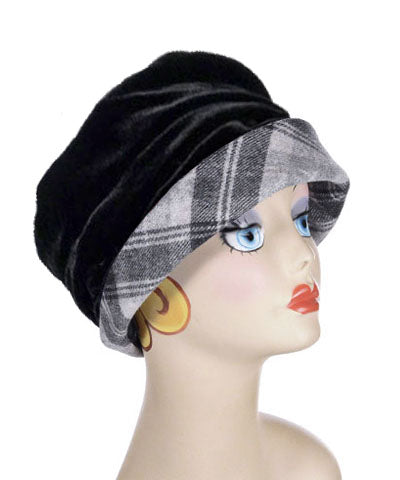 Ana Cloche Hat in Twilight Plaid with Black Velvet Band| Handmade in Seattle WA| Pandemonium Millinery