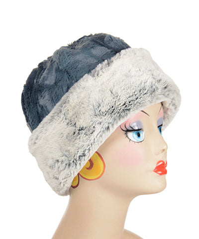 Shown in reversed Reversible Beanie Style Hat in Frosted Juniper Faux Fur with Cuddly Slate lining by Pandemonium Seattle. Handmade in Seattle, WA USA.