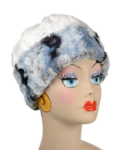   Women's Reversible Beanie on mannequin shown in reverse | Cascade in Rainer Sky, Blue, Cream and Brown Faux Fur with Ivory | Handmade USA by Pandemonium Seattle