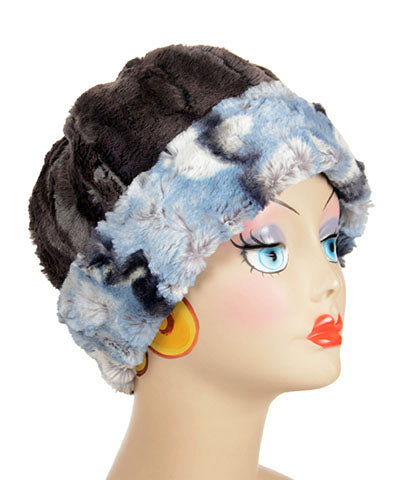    Women's Reversible Beanie on mannequin shown in reverse | Cascade in Rainer Sky, Blue, Cream and Brown Faux Fur with Espresso | Handmade USA by Pandemonium Seattle