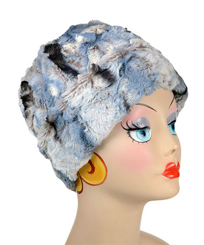Women's Reversible Beanie on mannequin | Cascade in Rainer Sky, Blue, Cream and Brown Faux Fur with Ivory | Handmade USA by Pandemonium Seattle