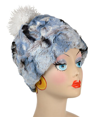 Women's Reversible Beanie on mannequin with Pom Pom | Cascade in Rainer Sky, Blue, Cream and Brown Faux Fur with Ivory | Handmade USA by Pandemonium Seattle
