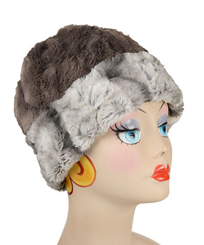   Women's Reversible Beanie on mannequin shown in reverse | Cascade in White Water, gray and Cream Faux Fur with Cuddly Gray | Handmade USA by Pandemonium Seattle