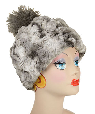   Women's Reversible Beanie with Pom Pom on mannequin shown in reverse | Cascade in White Water, gray and Cream Faux Fur with Cuddly Gray | Handmade USA by Pandemonium Seattle