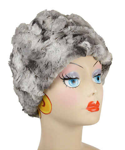 Women's Reversible Beanie on mannequin | Cascade in White Water, gray and Cream Faux Fur with Cuddly Gray | Handmade USA by Pandemonium Seattle